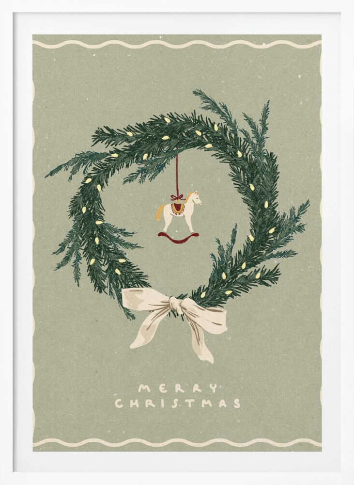 Vintage Christmas poster with an illustrated wreath, rocking horse ornament, and a cream bow on a sage green background.