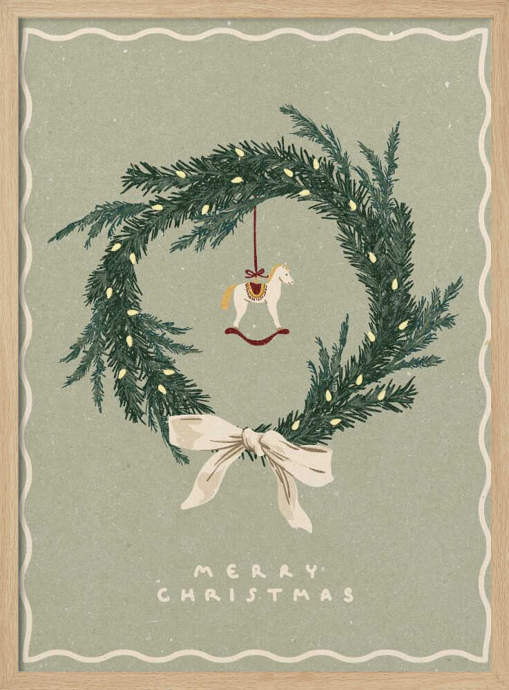 Vintage Christmas poster with an illustrated wreath, rocking horse ornament, and a cream bow on a sage green background.