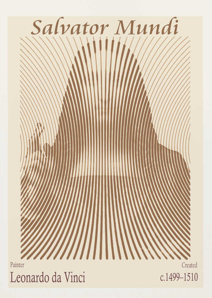 A minimalist poster of Leonardo da Vinci's 'Salvator Mundi', featuring an abstract representation of the figure created with curved brown lines on a cream background. The title is at the top, and the artist's name and creation dates are at the bottom. Decor