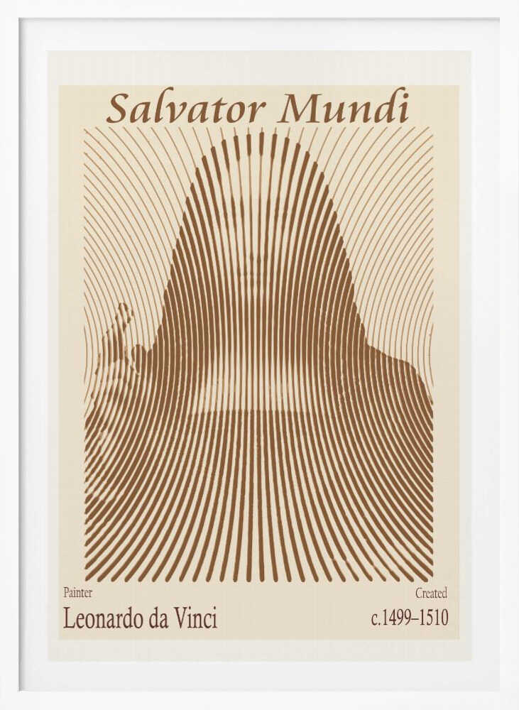A minimalist poster of Leonardo da Vinci's 'Salvator Mundi', featuring an abstract representation of the figure created with curved brown lines on a cream background. The title is at the top, and the artist's name and creation dates are at the bottom. Decor