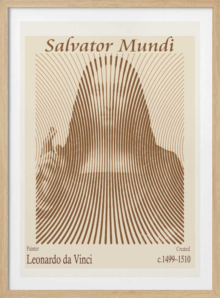 A minimalist poster of Leonardo da Vinci's 'Salvator Mundi', featuring an abstract representation of the figure created with curved brown lines on a cream background. The title is at the top, and the artist's name and creation dates are at the bottom. Decor