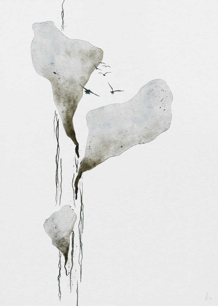 Abstract ink wash painting of floating grey islands with black drips and birds flying on a white background.