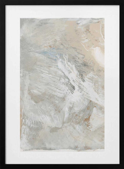 Abstract painting with dynamic brushstrokes in soft, neutral tones of grey, beige, and white. Modern textured wall art.