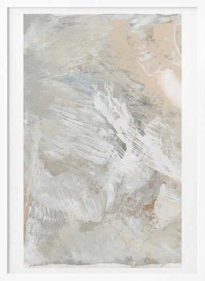 Abstract painting with dynamic brushstrokes in soft, neutral tones of grey, beige, and white. Modern textured wall art.