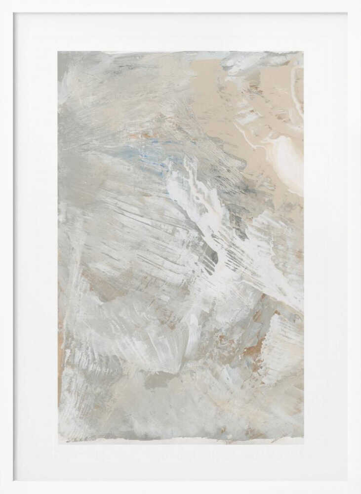 Abstract painting with dynamic brushstrokes in soft, neutral tones of grey, beige, and white. Modern textured wall art.