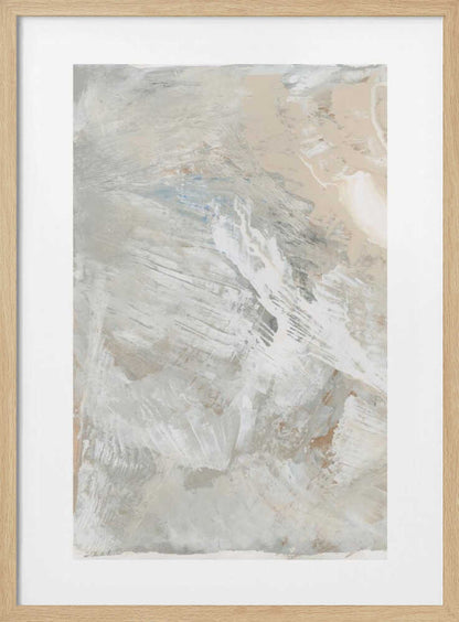 Abstract painting with dynamic brushstrokes in soft, neutral tones of grey, beige, and white. Modern textured wall art.