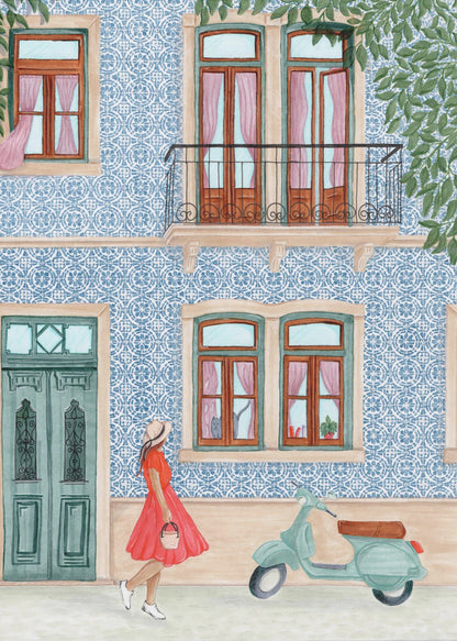 Street Scene with Elegant Woman in Red Dress - Poster / Art Print