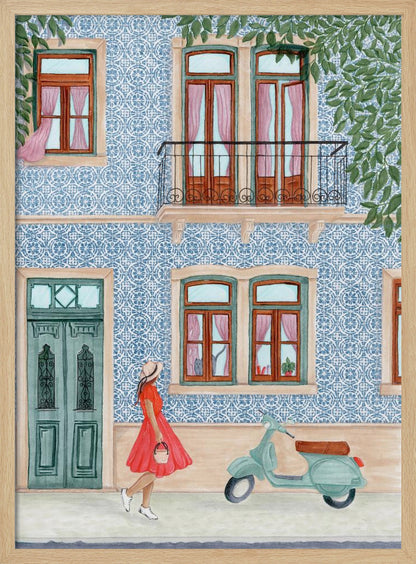 Street Scene with Elegant Woman in Red Dress - Poster / Art Print