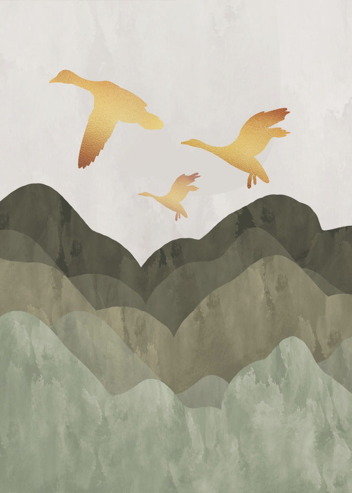 Golden Birds Flying Over Mountains - Poster / Art Print