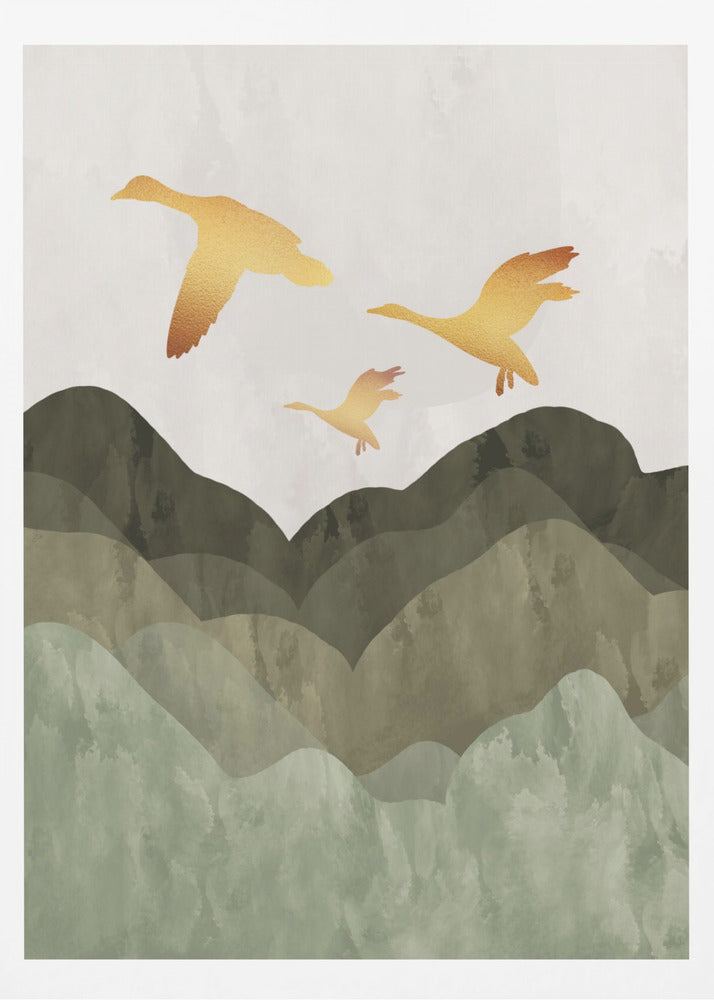 Golden Birds Flying Over Mountains - Poster / Art Print