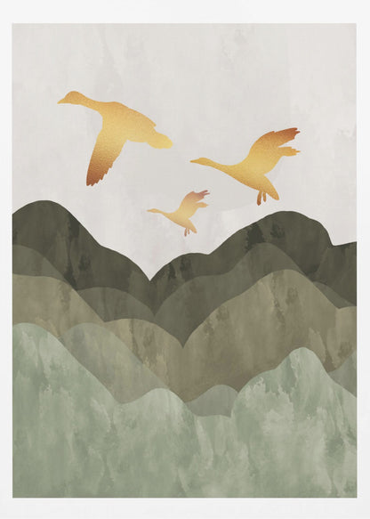 Golden Birds Flying Over Mountains - Poster / Art Print