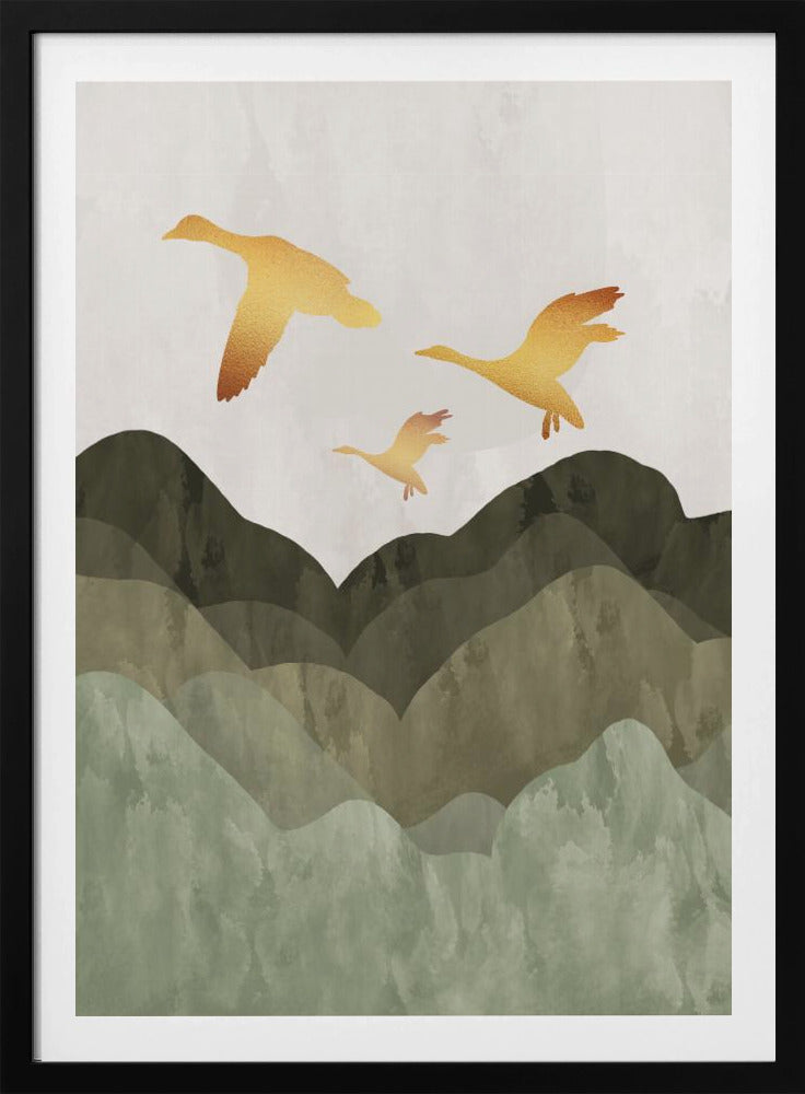 Golden Birds Flying Over Mountains - Poster / Art Print