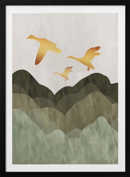 Golden Birds Flying Over Mountains - Poster / Art Print