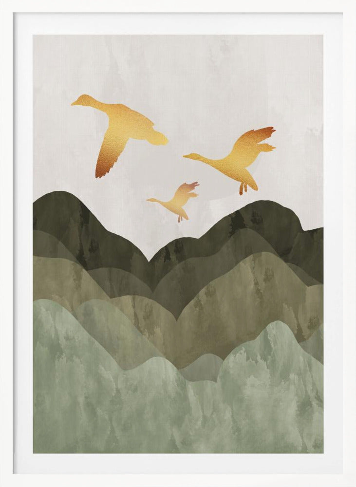 Golden Birds Flying Over Mountains - Poster / Art Print