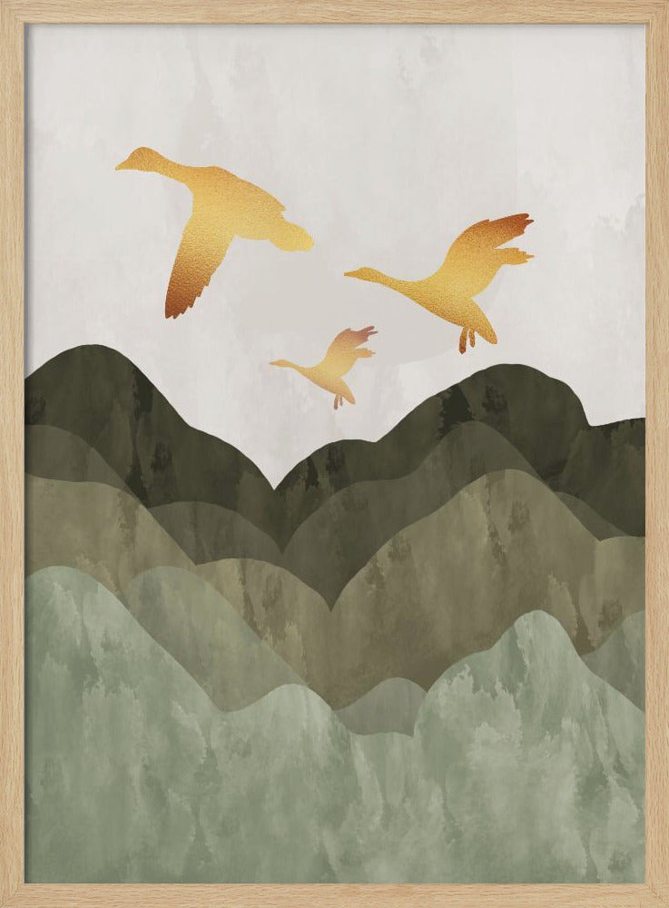 Golden Birds Flying Over Mountains - Poster / Art Print