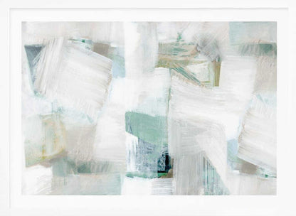 Abstract painting with bold white brushstrokes over a background of soft green, blue, and beige hues in a silver frame.