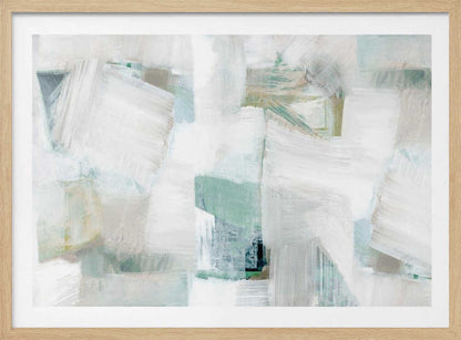 Abstract painting with bold white brushstrokes over a background of soft green, blue, and beige hues in a silver frame.