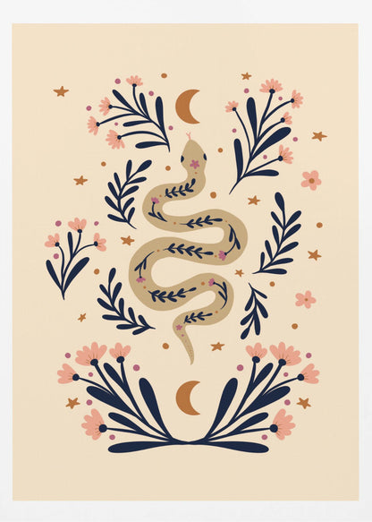 Snake And Flowers Beige And Indigo - Poster / Art Print