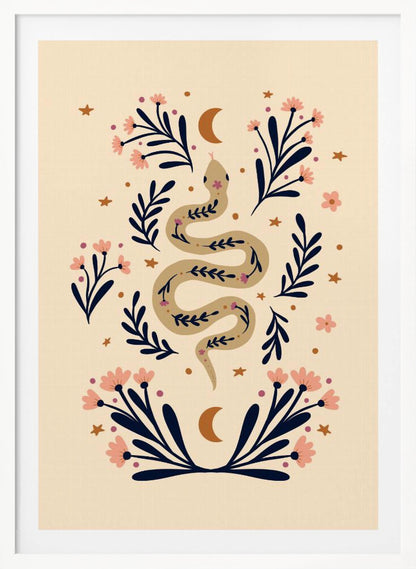 Snake And Flowers Beige And Indigo - Poster / Art Print