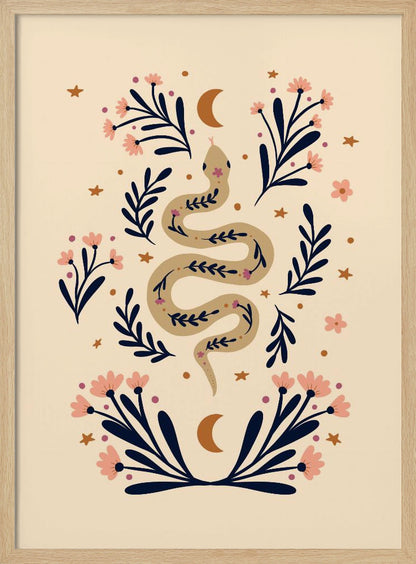 Snake And Flowers Beige And Indigo - Poster / Art Print