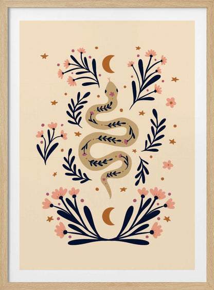 Snake And Flowers Beige And Indigo - Poster / Art Print