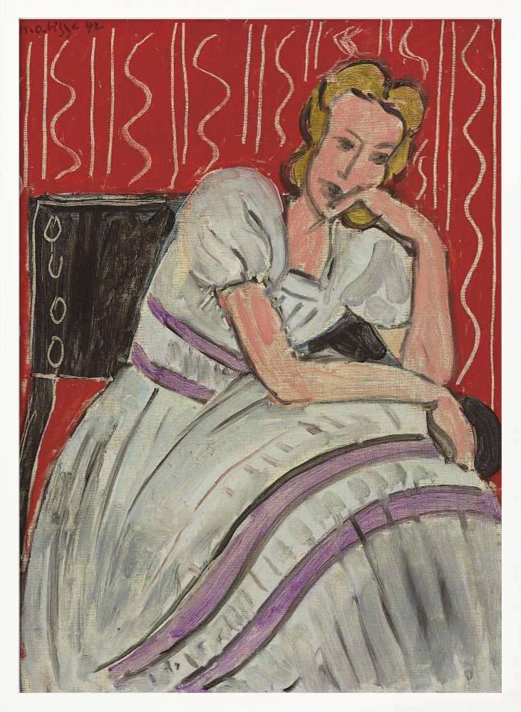 Jeune Femme Assise En Robe Grise - Poster / Art Print