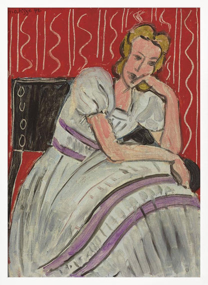Jeune Femme Assise En Robe Grise - Poster / Art Print