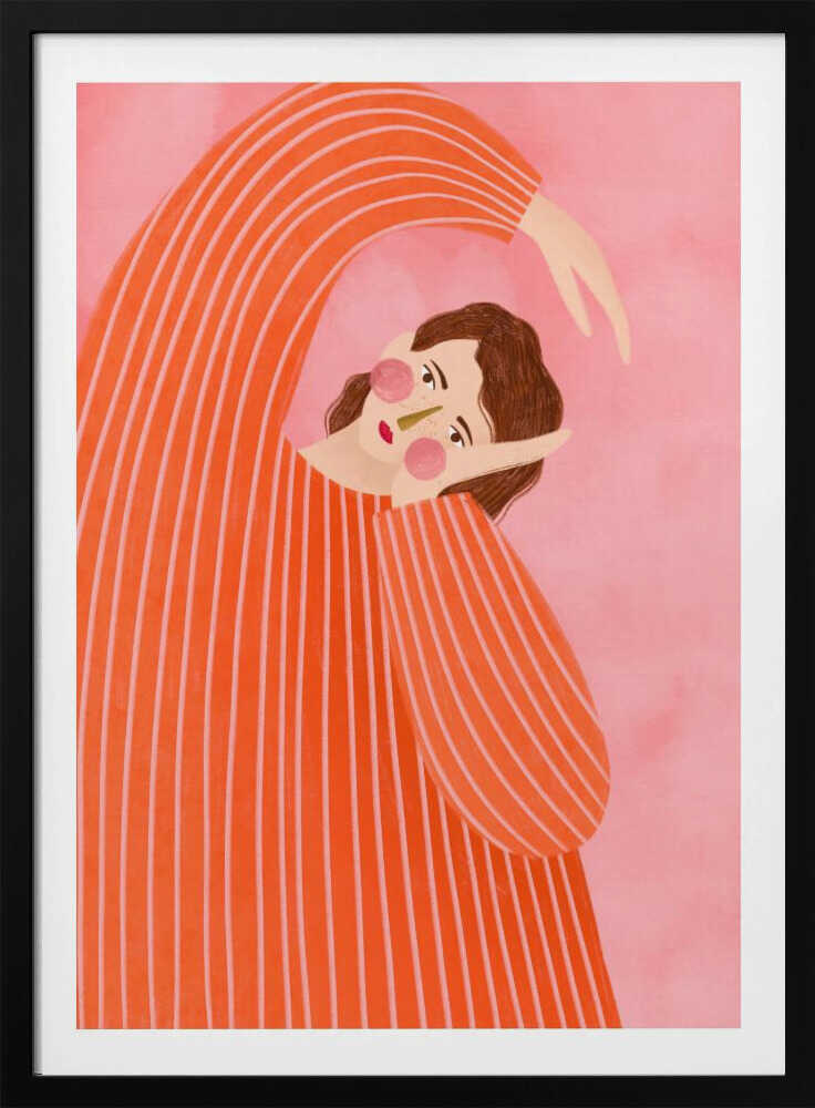 Stylized illustration of a person in a striped orange sweater stretching against a pink background.