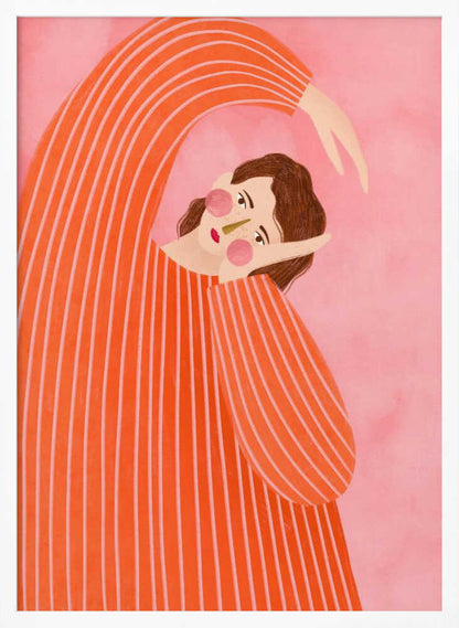 Stylized illustration of a person in a striped orange sweater stretching against a pink background.