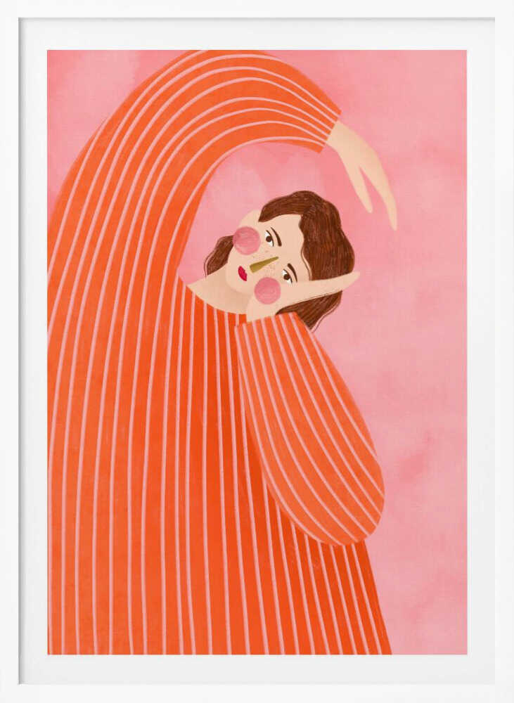 Stylized illustration of a person in a striped orange sweater stretching against a pink background.