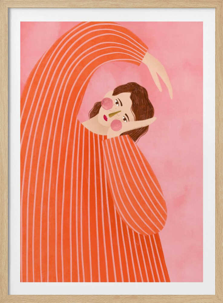 Stylized illustration of a person in a striped orange sweater stretching against a pink background.