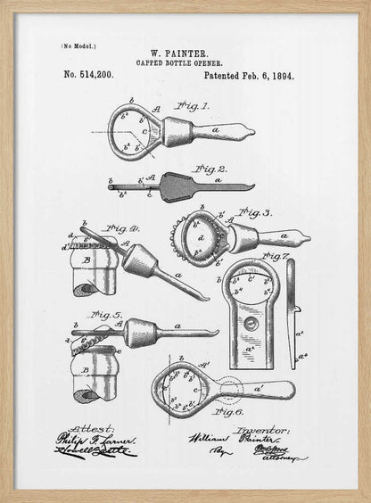 Capped Bottle Opener Patent 1894 - Poster / Art Print