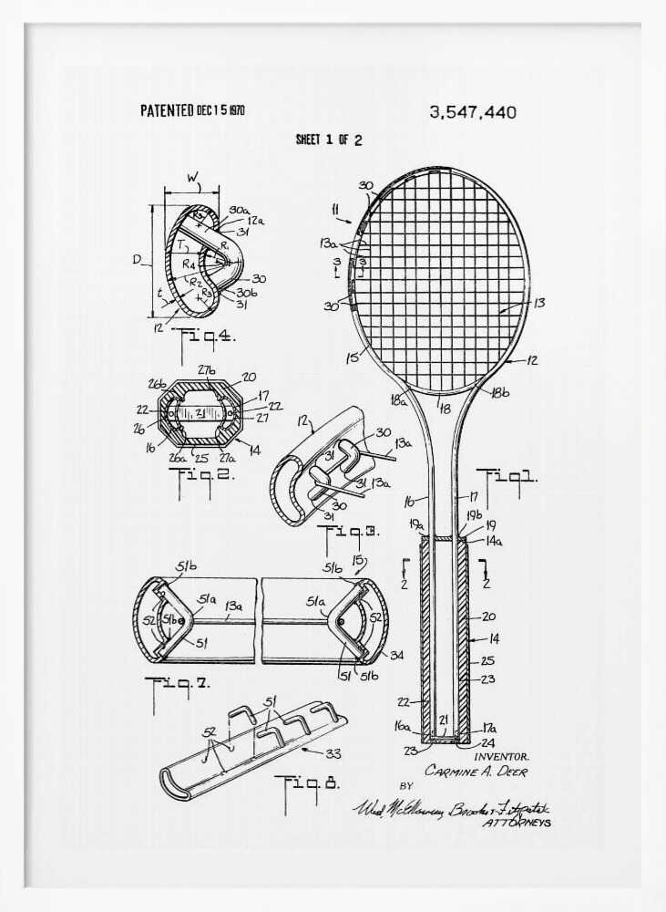 Tennis Racket Patent 1970 - Poster / Art Print