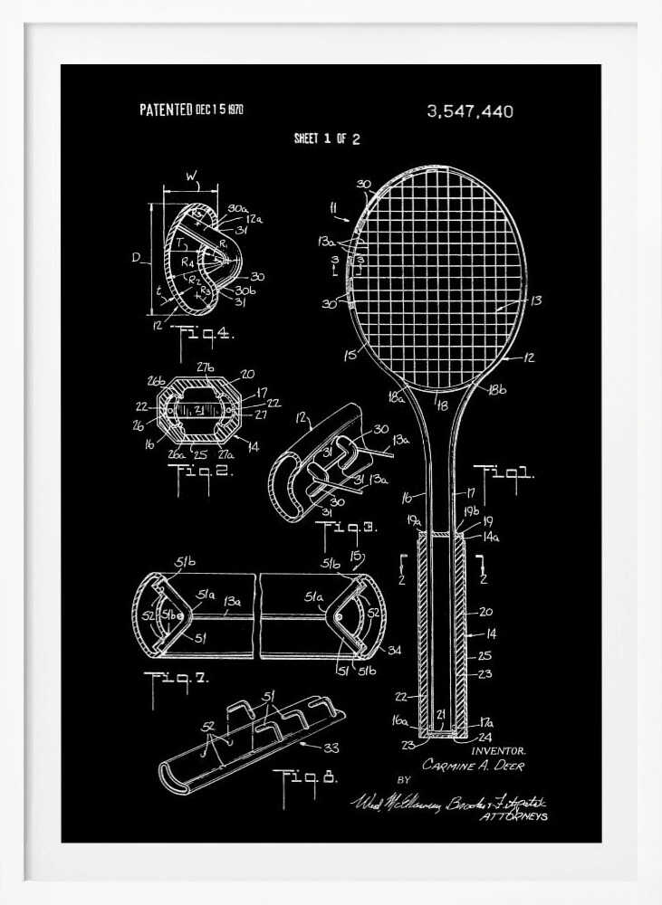 Tennis Racket Patent 1970 - Poster / Art Print