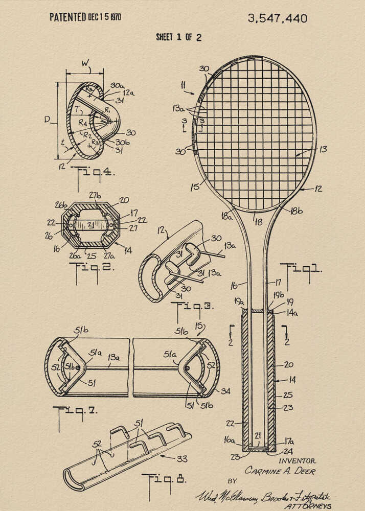 Tennis Racket Patent 1970 - Poster / Art Print