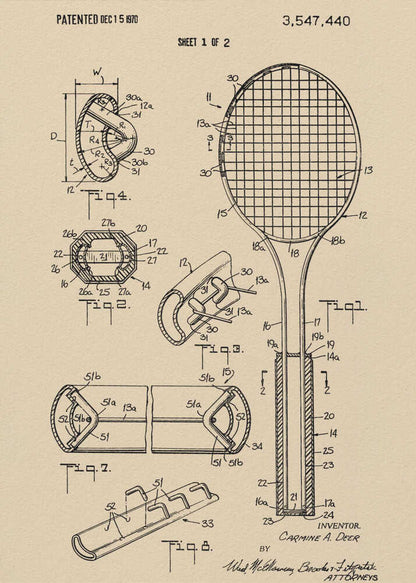Tennis Racket Patent 1970 - Poster / Art Print