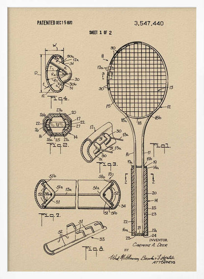 Tennis Racket Patent 1970 - Poster / Art Print