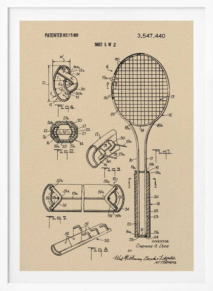 Tennis Racket Patent 1970 - Poster / Art Print
