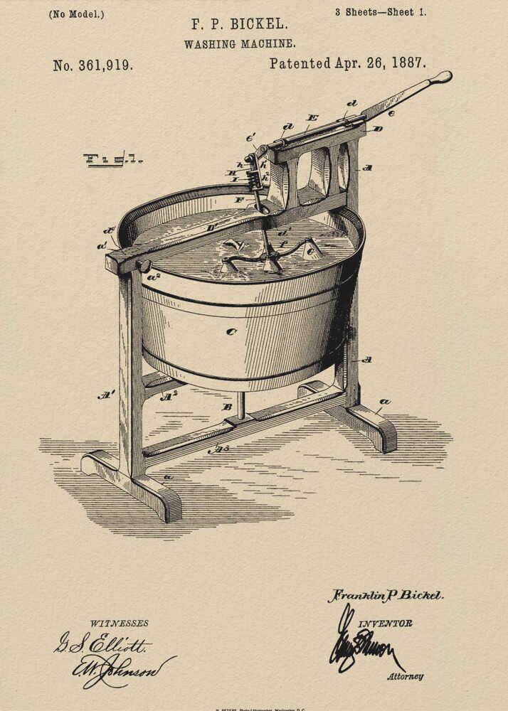 Washing Machine Patent 1887 - Poster / Art Print