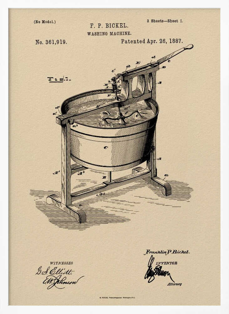 Washing Machine Patent 1887 - Poster / Art Print
