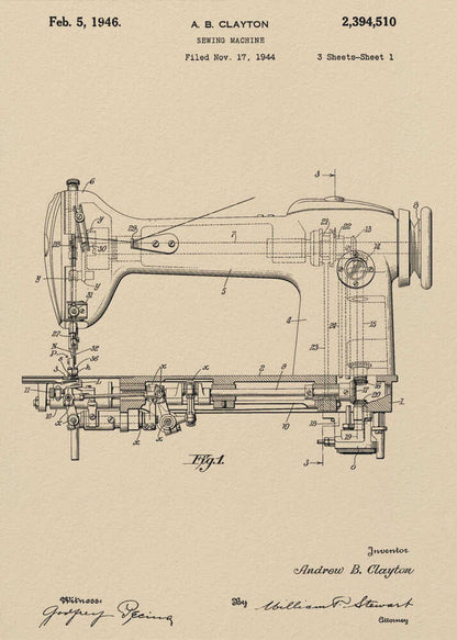 Sewing Machine Patent 1944 - Poster / Art Print