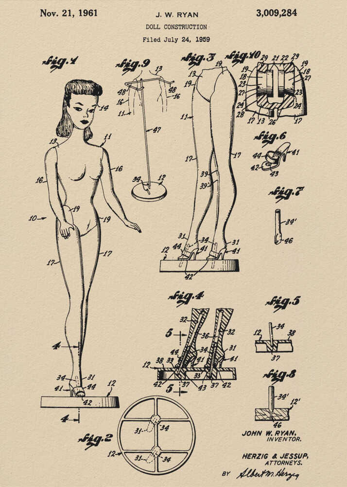 Doll Construction Patent 1961 - Poster / Art Print
