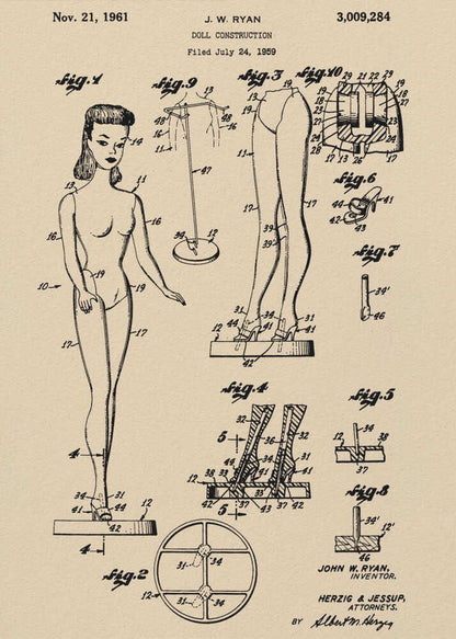 Doll Construction Patent 1961 - Poster / Art Print