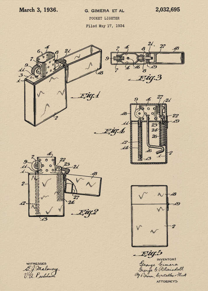 Pocket Lighter Patent 1934 - Poster / Art Print