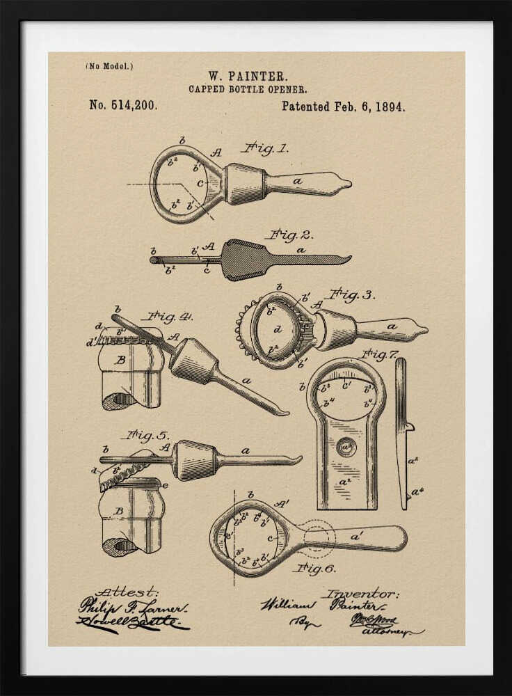 Capped Bottle Opener Patent 1894 - Poster / Art Print