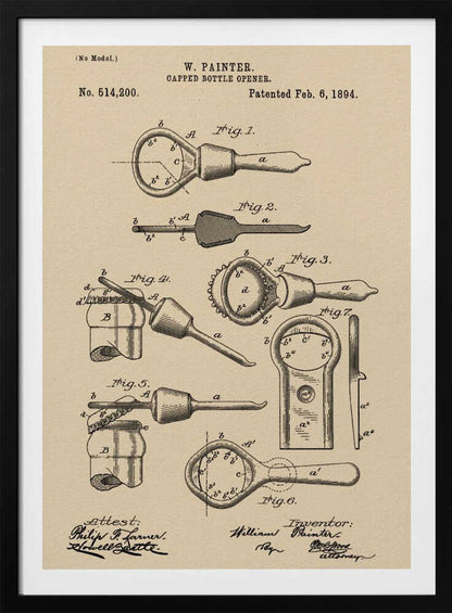 Capped Bottle Opener Patent 1894 - Poster / Art Print