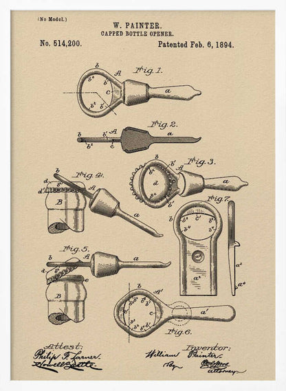 Capped Bottle Opener Patent 1894 - Poster / Art Print