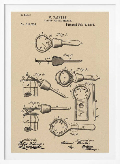 Capped Bottle Opener Patent 1894 - Poster / Art Print