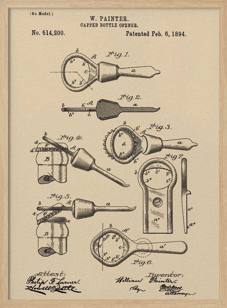 Capped Bottle Opener Patent 1894 - Poster / Art Print