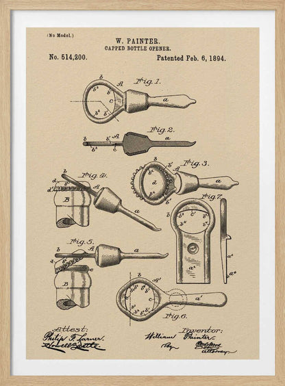 Capped Bottle Opener Patent 1894 - Poster / Art Print